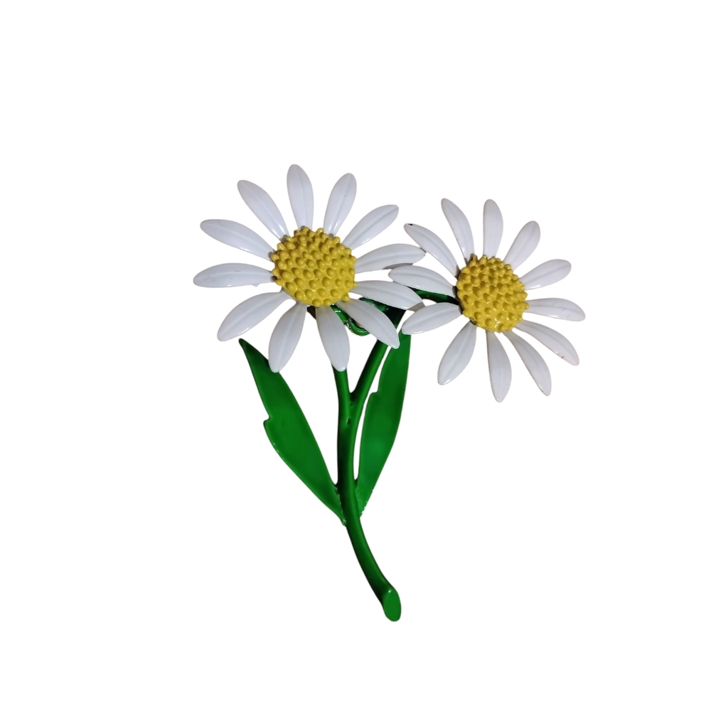 Vintage Daisy Brooch Metal Painted White Yellow Flower w. Green Stem Latch Back